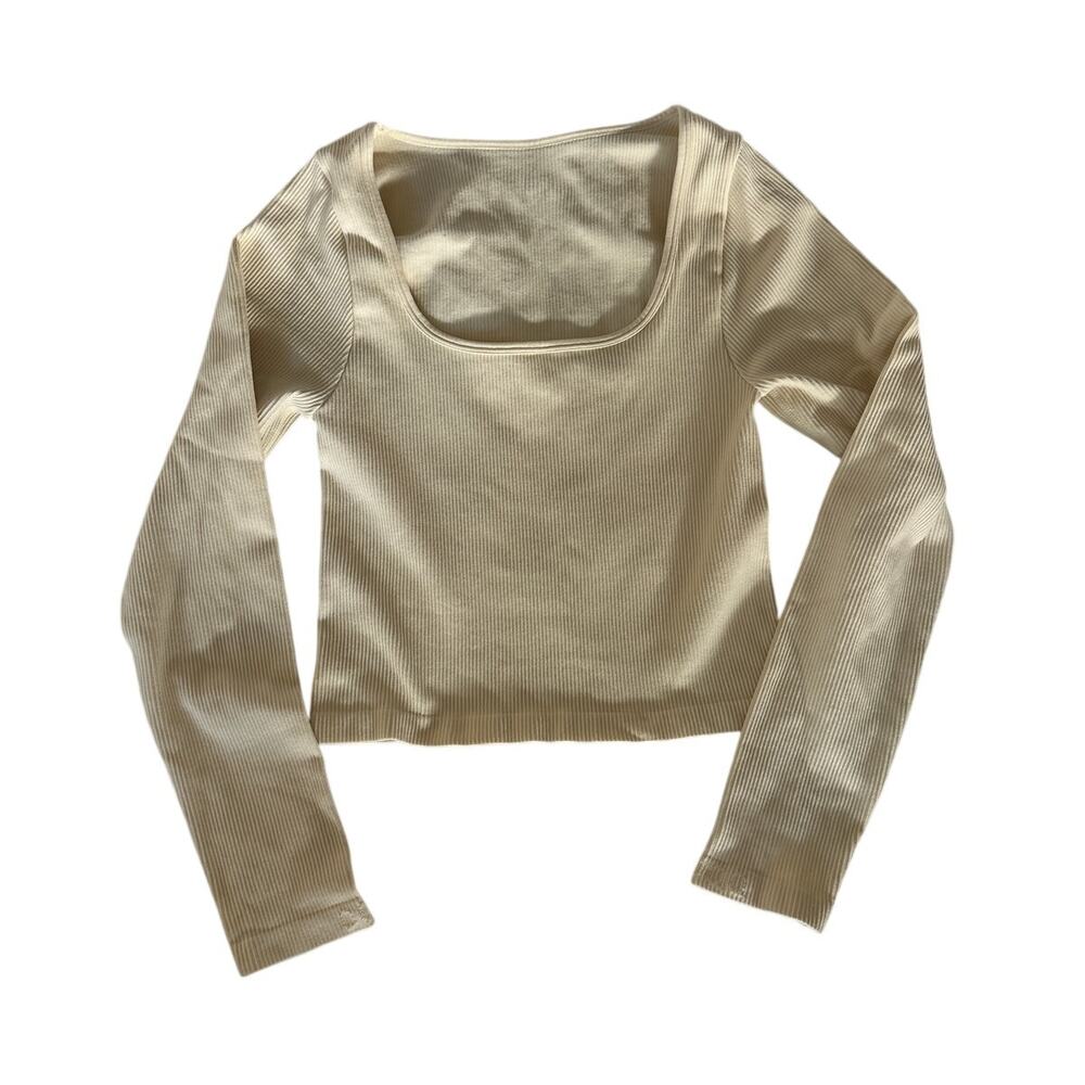 OQQ Ribbed Square Neck Long Sleeve Crop Top